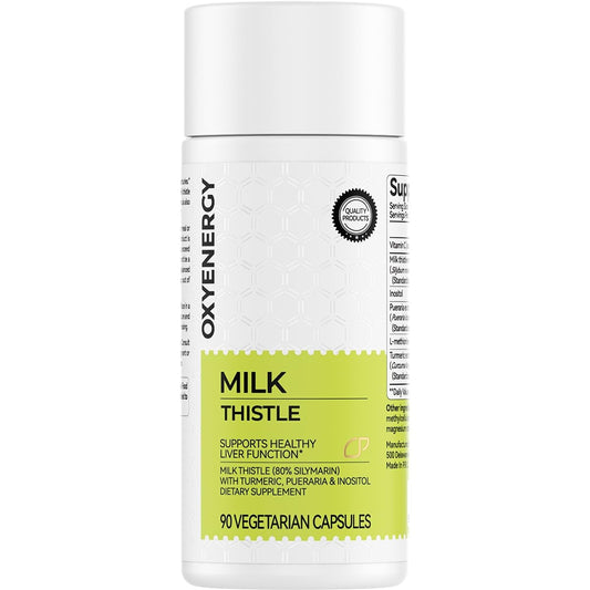 OxyEnergy milk thistle capsules showing 300mg extract for antioxidant support