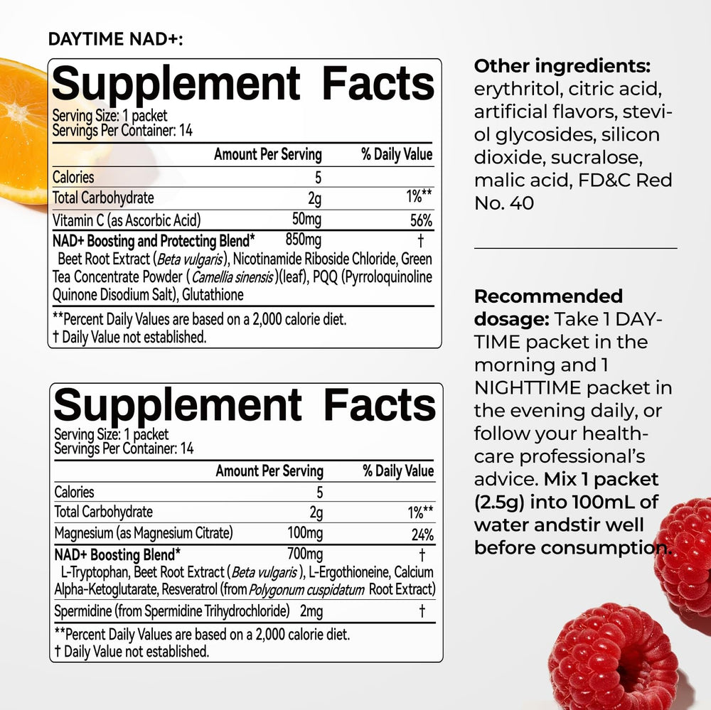 OxyEnergy NAD fruit-flavor mix suggesting morning and evening rituals.