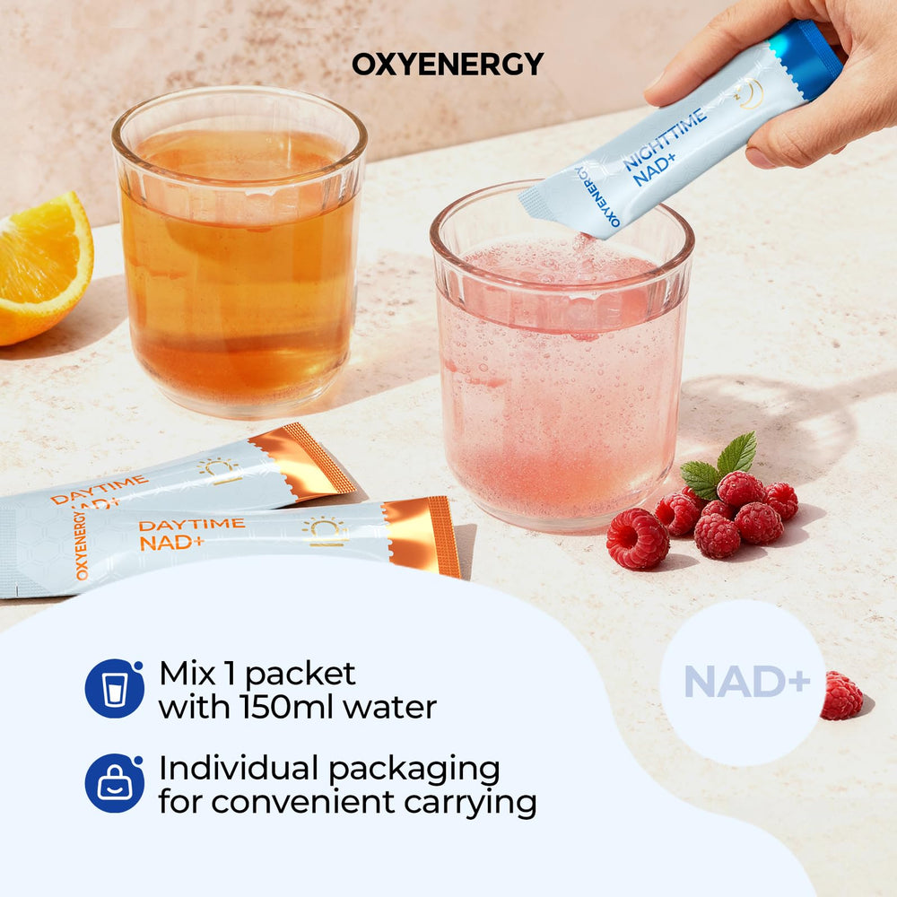 OxyEnergy NAD serving mixed in water with a citrus flavor.