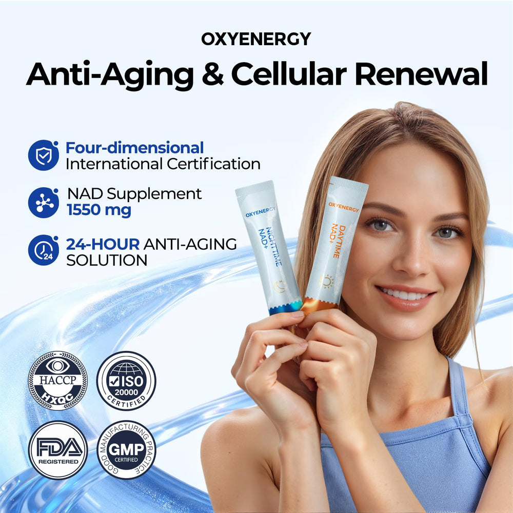 OxyEnergy NAD supplement bottle on kitchen counter for daily routine.