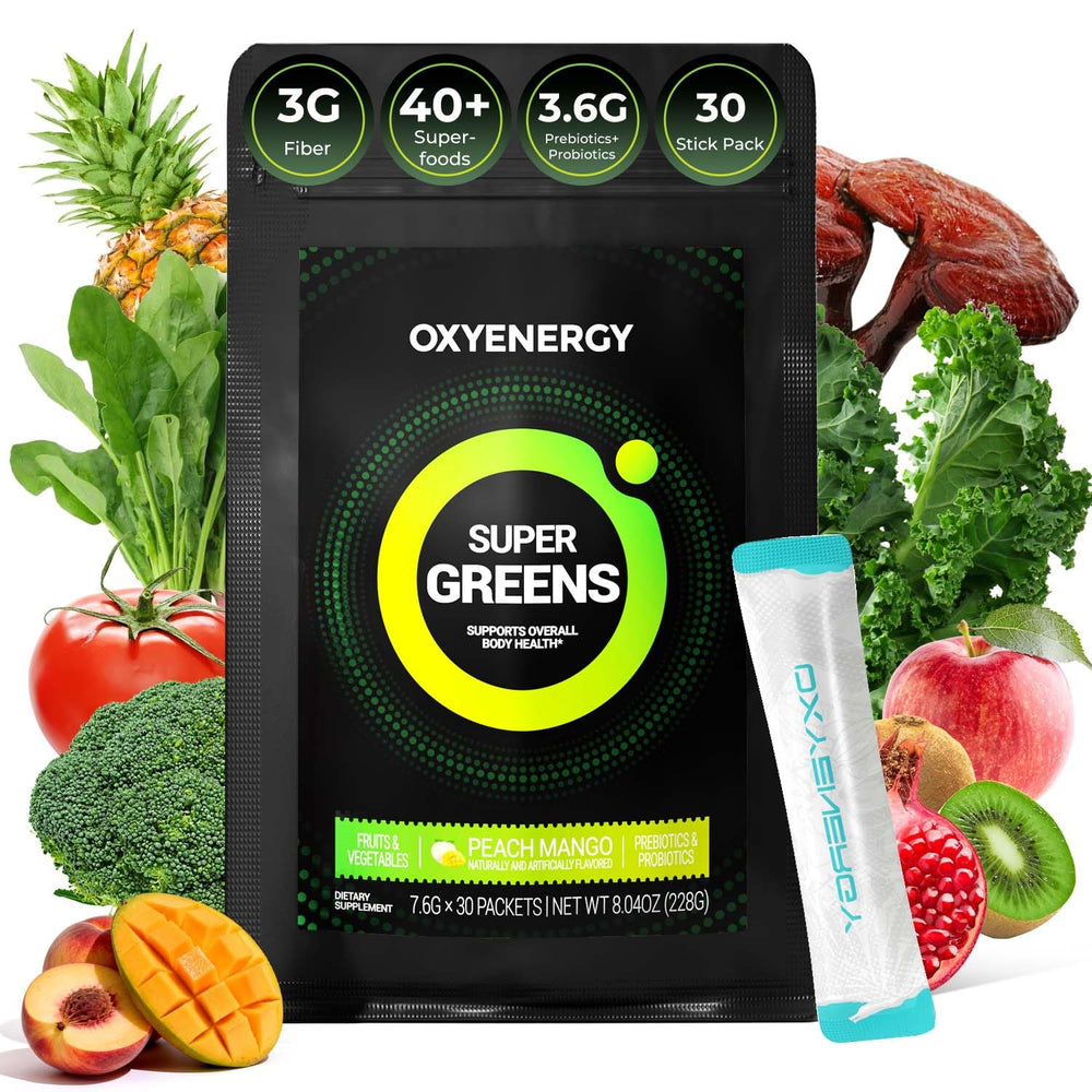 OxyEnergy Super Greens stick-pack for on-the-go daily nutrition.