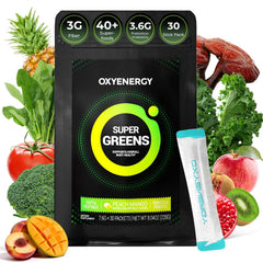 OxyEnergy Super Greens stick-pack for on-the-go daily nutrition.
