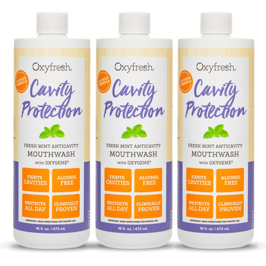 Oxyfresh Cavity Protection Mouthwash bottle front shows enamel fluoride protection.