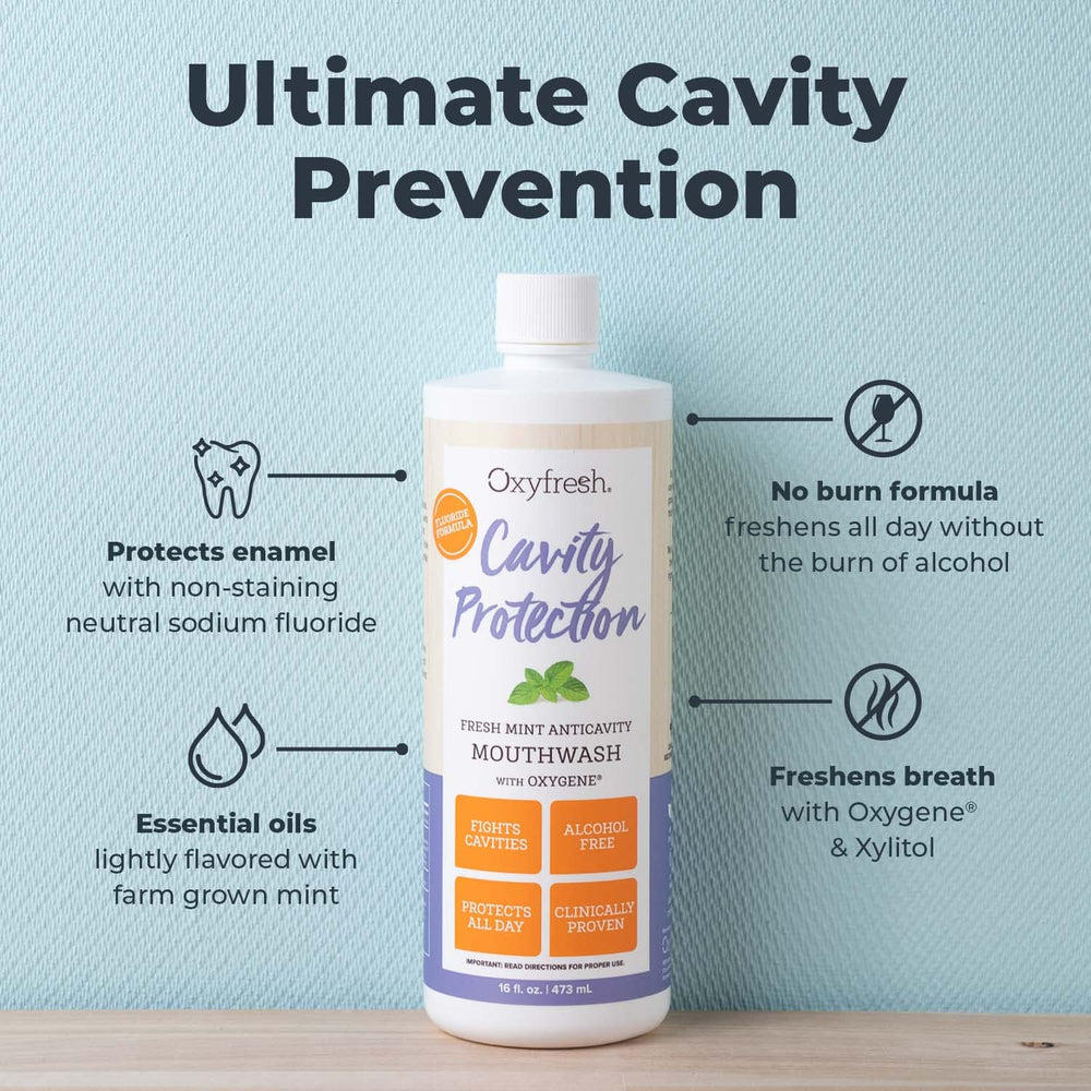 Close-up of Oxyfresh Cavity Protection label highlighting non-staining formula and xylitol.