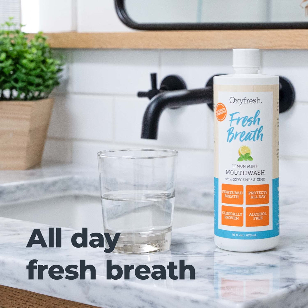 Oxyfresh bottle shows xylitol and essential oils on the label.