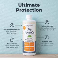 Oxyfresh Pro Formula bottle being poured, highlighting breath-neutralizing action.