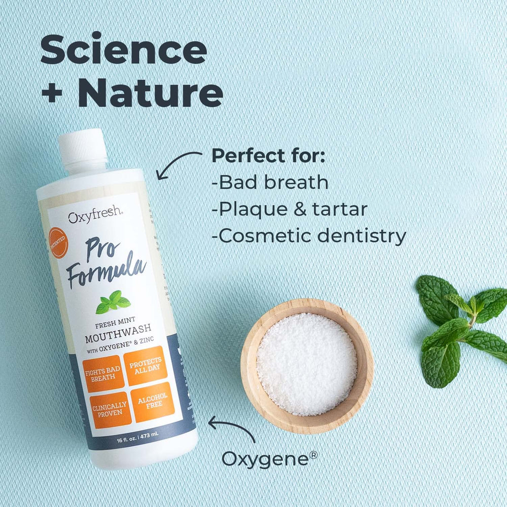 Oxyfresh Pro Formula label front displays dye-free, alcohol-free formula.