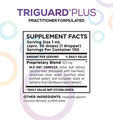 Triguard Plus elderberry extract bottle close-up shows antioxidant-rich compounds.