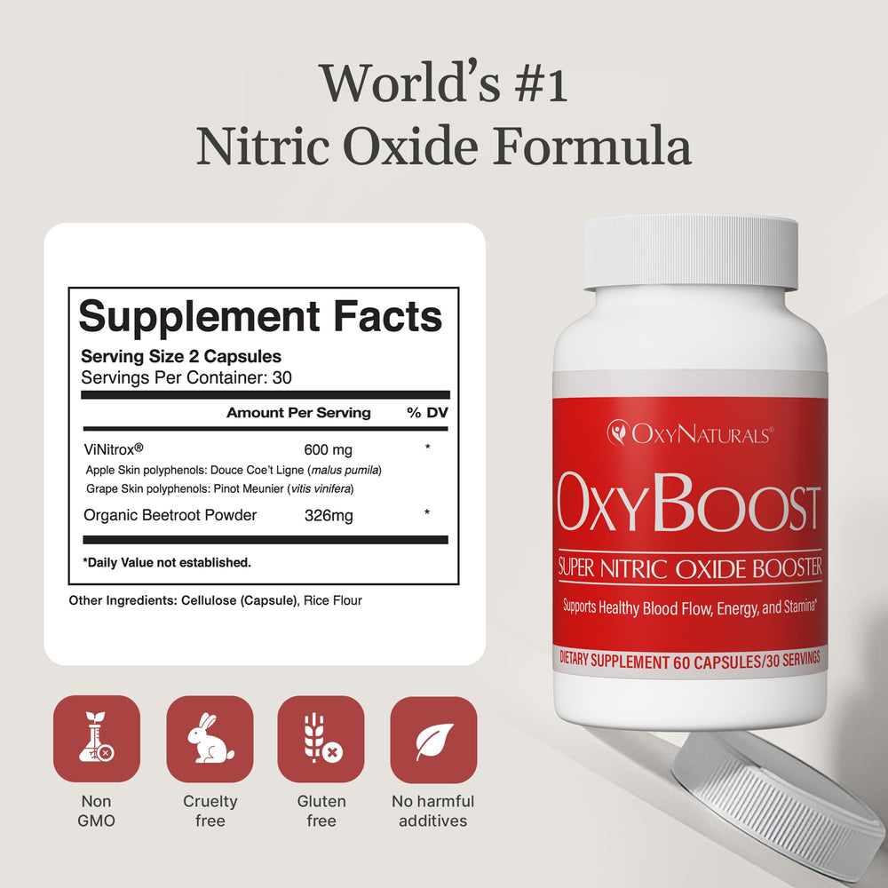 OxyNaturals OxyBoost label detail highlighting natural formula with Vinitrox