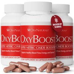 OxyNaturals OxyBoost bottle front shows natural energy and circulation support benefits.