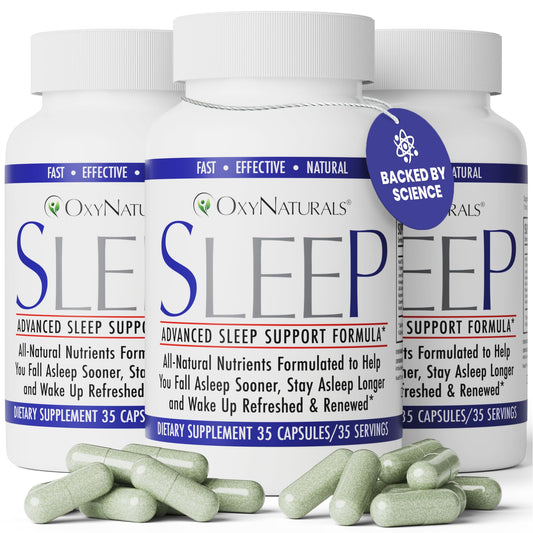 OxyNaturals Sleep bottle front promotes a calm nighttime routine.