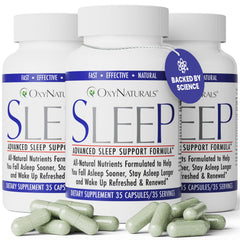 OxyNaturals Sleep bottle front promotes a calm nighttime routine.