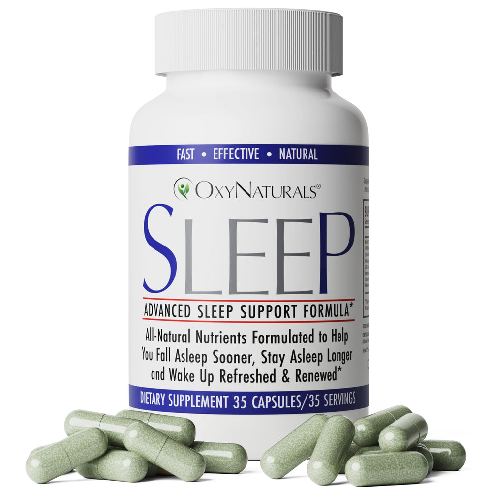 OxyNaturals Sleep bottle on nightstand promotes a calming nighttime routine