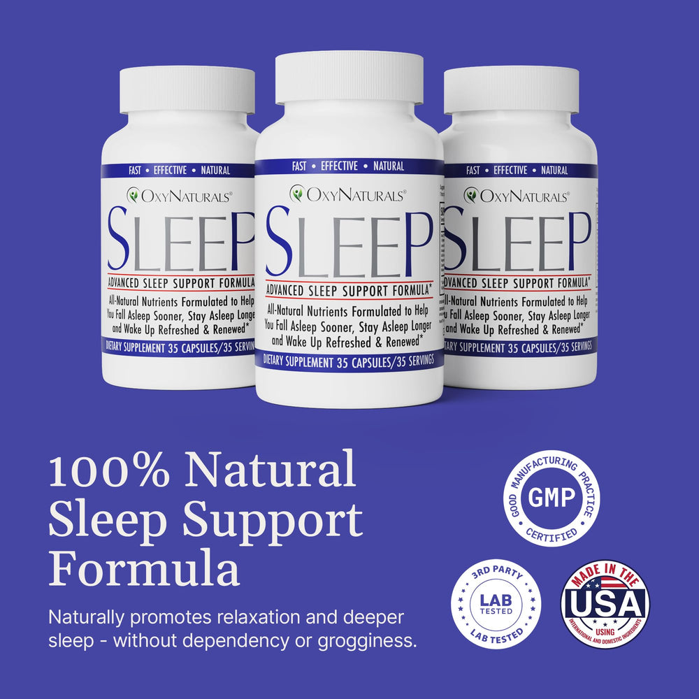 OxyNaturals Sleep label shows non-GMO and gluten-free features.