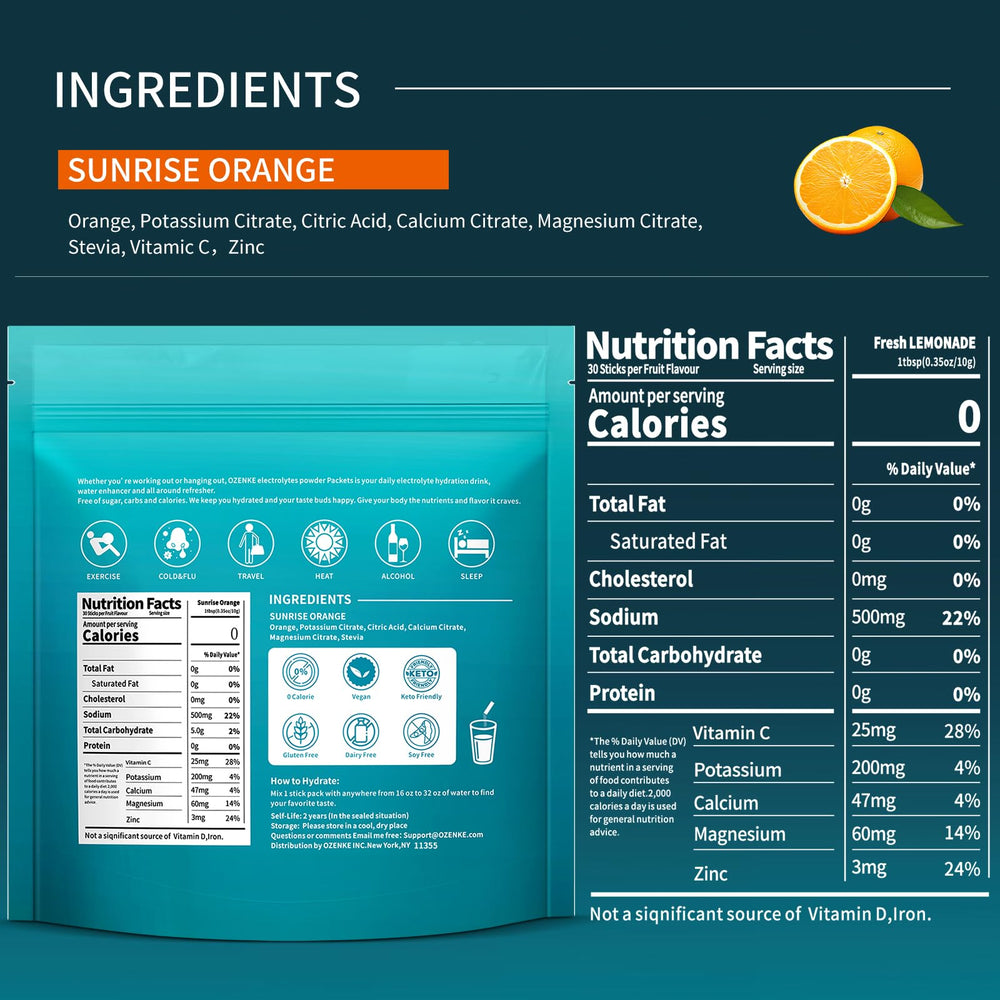 OZENKE electrolytes orange packaging showcases flavor and portability.