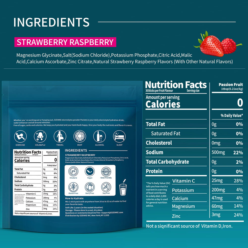 OZENKE strawberry-raspberry flavor electrolyte packets for travel