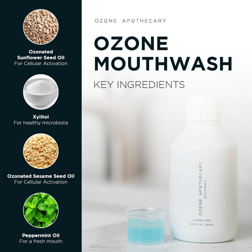 Ozone Apothecary bottle label highlights alcohol-free and fluoride-free formula.