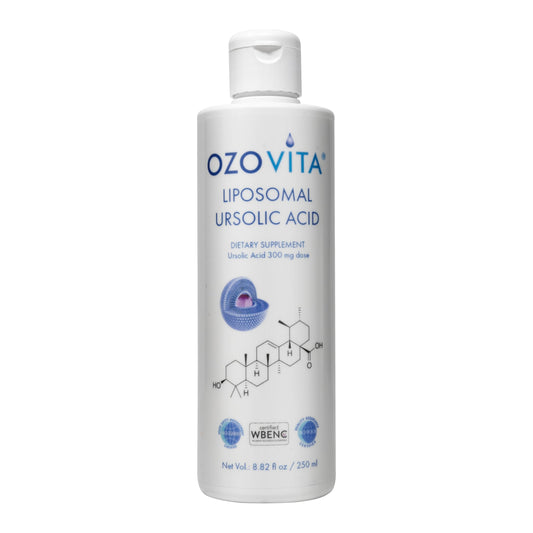 OZOVITA liposomal ursolic acid bottle showcases premium cellular support.