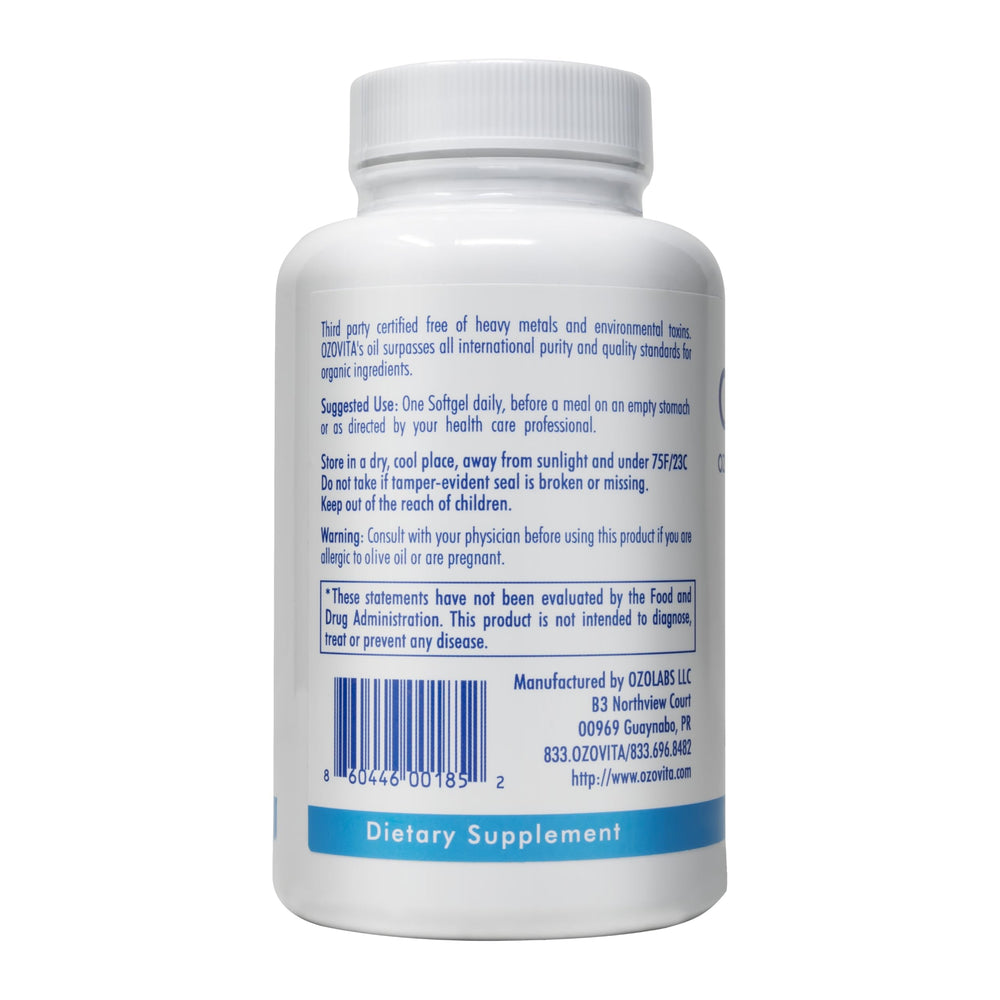 OZOVITA organic EVOO softgels label emphasizing organic, non-GMO quality