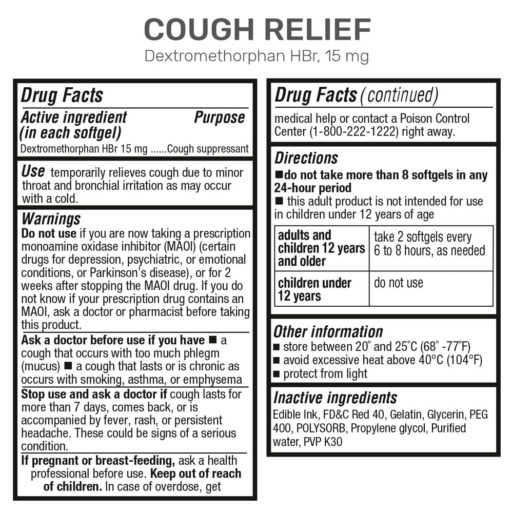 P Puregen Labs cough relief label closeup highlights easy-to-swallow softgels.