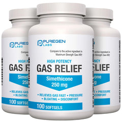 P Puregen Labs gas relief softgels bottle for easy on-the-go relief.