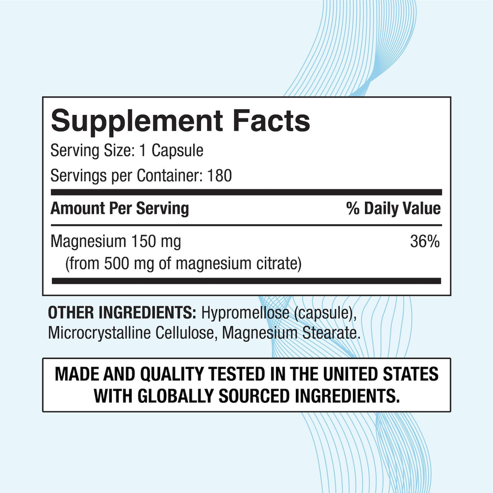 P Puregen Labs Magnesium Citrate 500 mg bottle back label shows allergen-free details