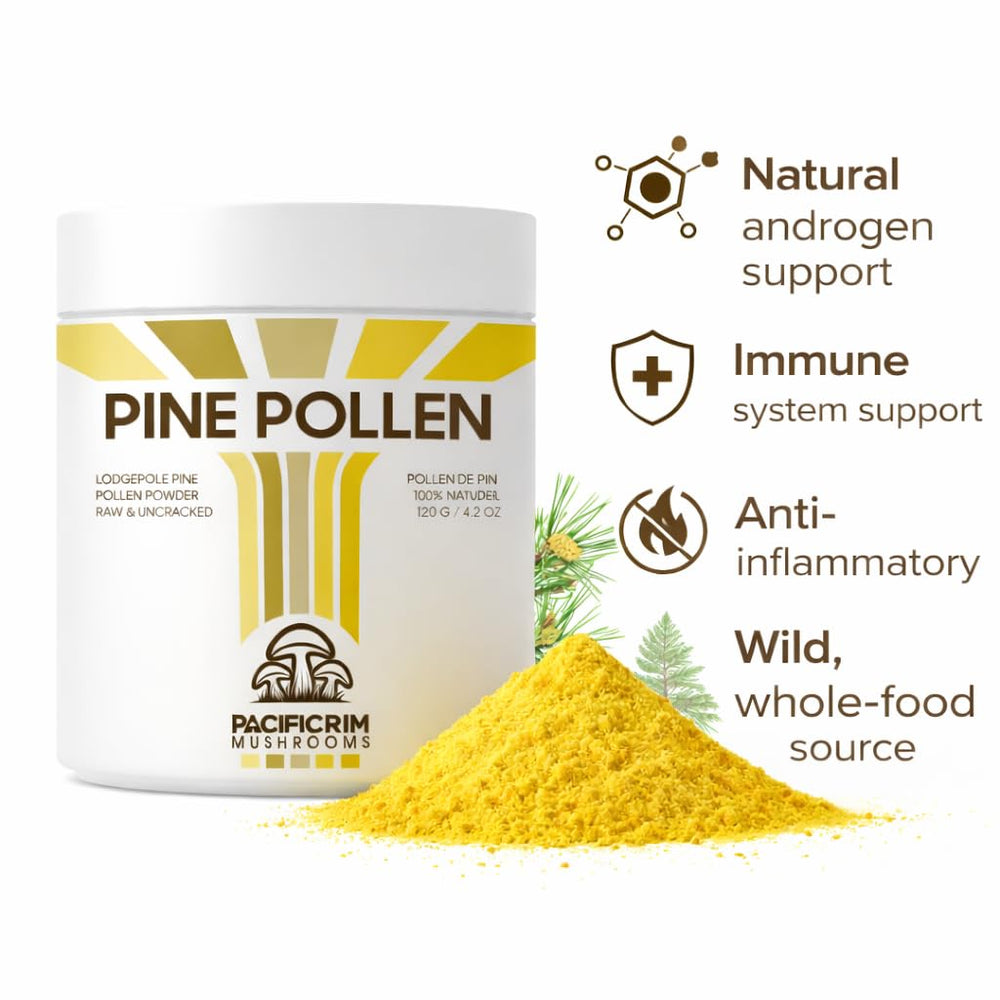Pacific Rim Mushrooms Pine Pollen Powder jar closeup, highlighting high potency.