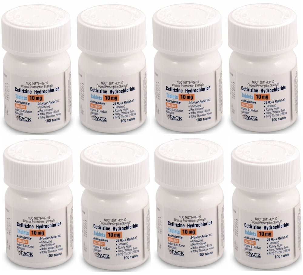 Pack Pharmaceuticals Cetirizine 10 mg bottle on a clean label, ready for daily allergy relief.