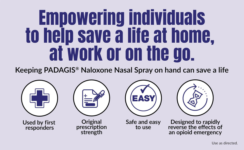 Padagis Naloxone nasal spray emergency-use device for quick access
