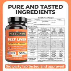Paleo Pro beef liver capsules label displays clean, paleo-friendly ingredients.