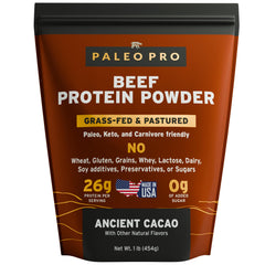 Paleo Pro Beef Protein Powder Cocoa pour shows a rich protein boost for smoothies.