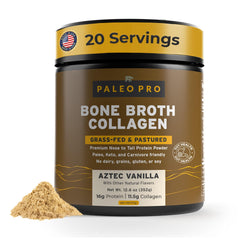 Paleo Pro Bone Broth Collagen Vanilla bottle shown with a scoop for on‑the‑go protein addition.