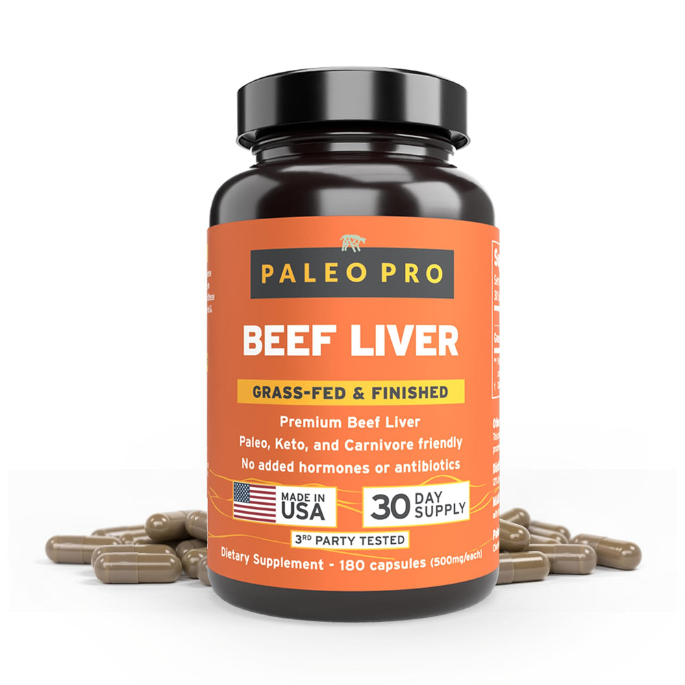 Paleo Pro grass-fed beef liver bottle on wood signals premium energy-support supplement.