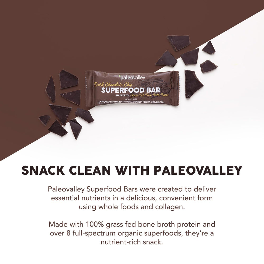 Paleovalley bars showcasing organic greens and superfoods in the packaging.