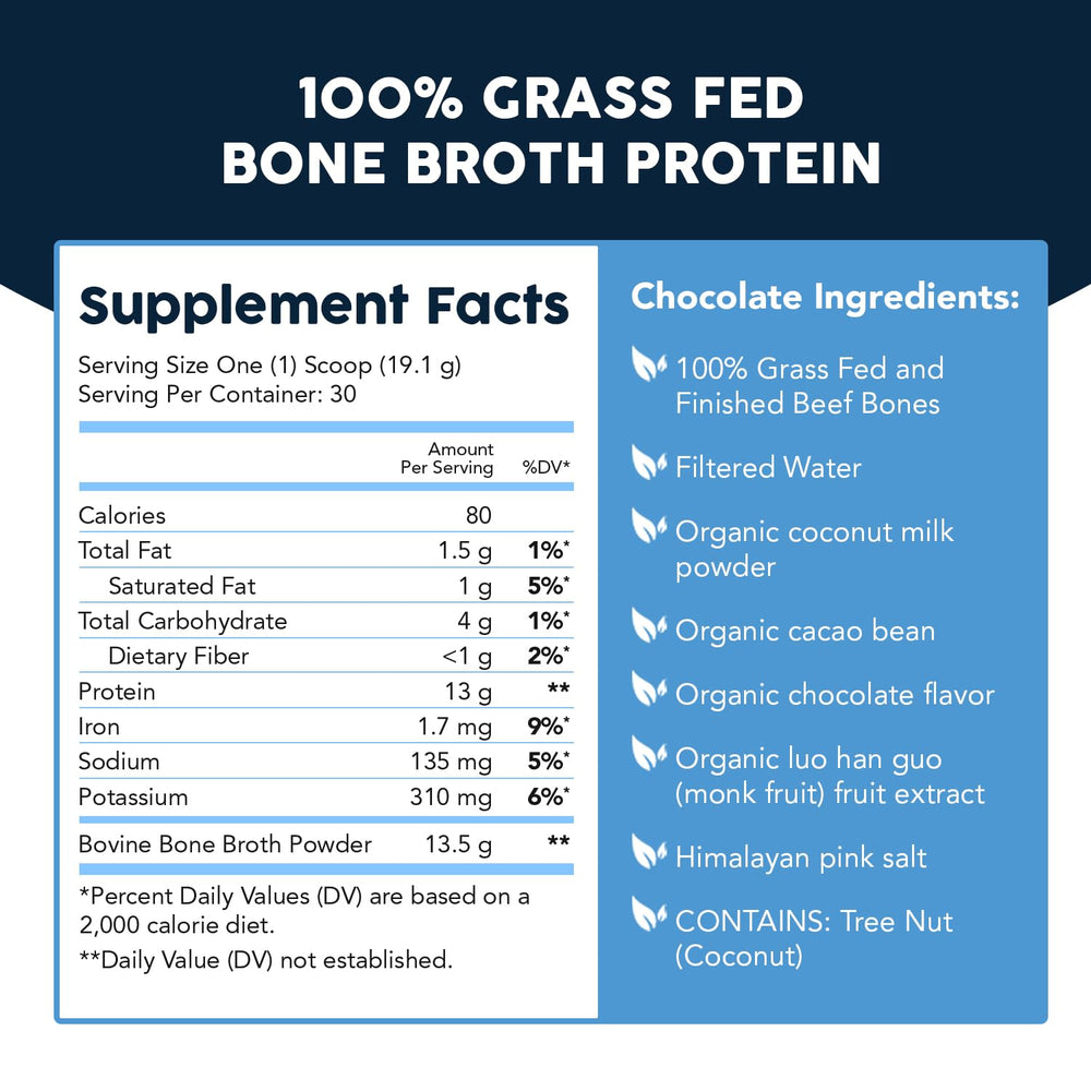 Paleovalley Bone Broth Powder nutrition label highlighting gluten-free and non-GMO features.