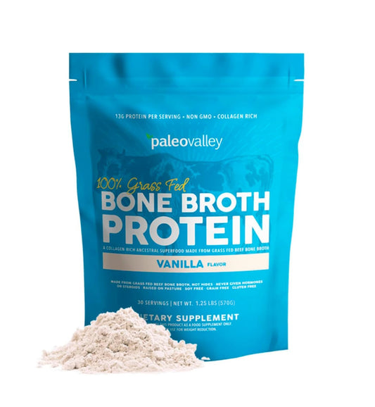Paleovalley bone broth powder vanilla bottle offers a convenient collagen protein source for daily use.