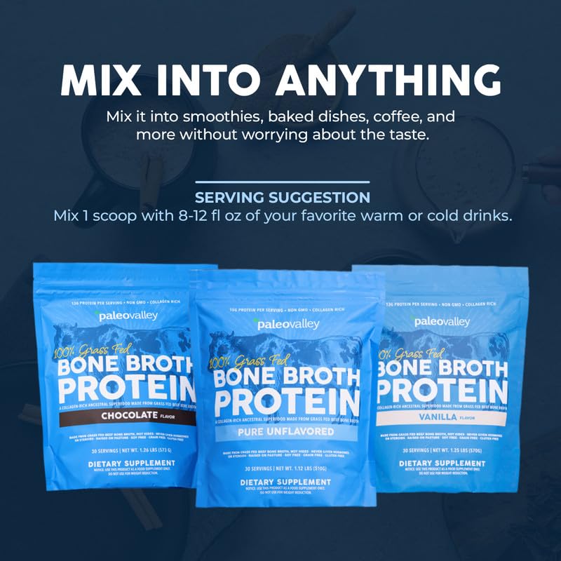 Paleovalley bone broth powder vanilla ingredients emphasize grass-fed, non-GMO, high-quality sourcing.