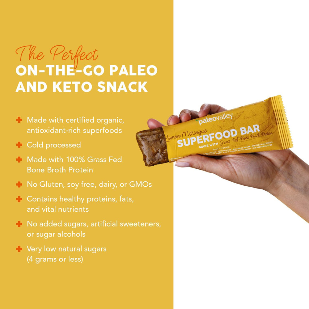 Paleovalley Lemon Meringue bar with bone broth protein for a satisfying protein boost.