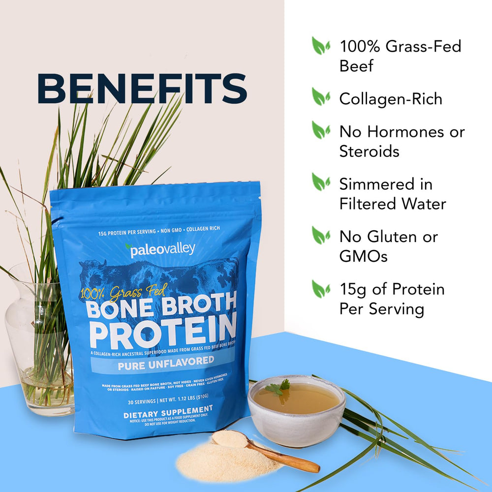 Paleovalley bone broth protein powder scoop beside powder for daily use