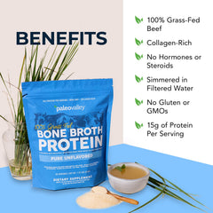 Paleovalley bone broth protein powder scoop beside powder for daily use