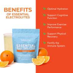 Paleovalley Essential Electrolytes Orange packaging highlights no sugar added.