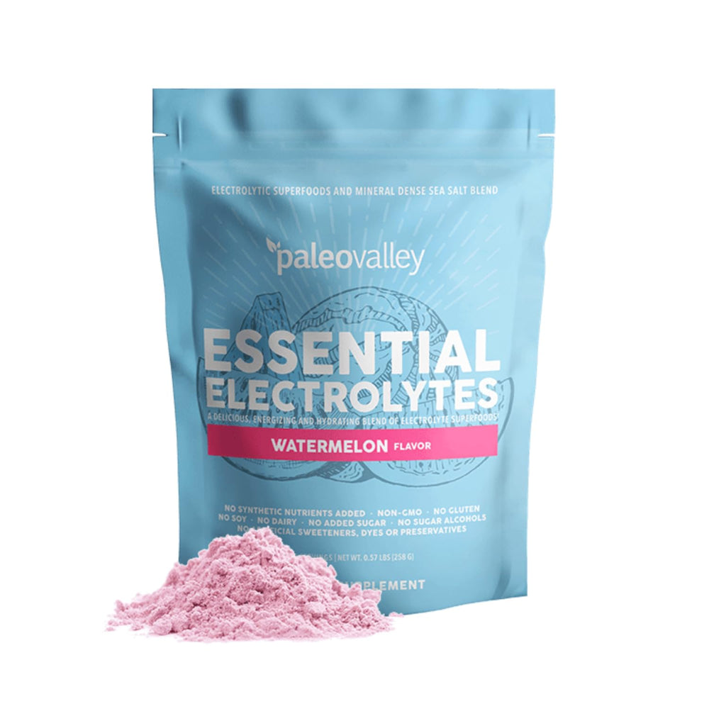 Paleovalley Essential Electrolytes watermelon bottle for post-workout hydration.