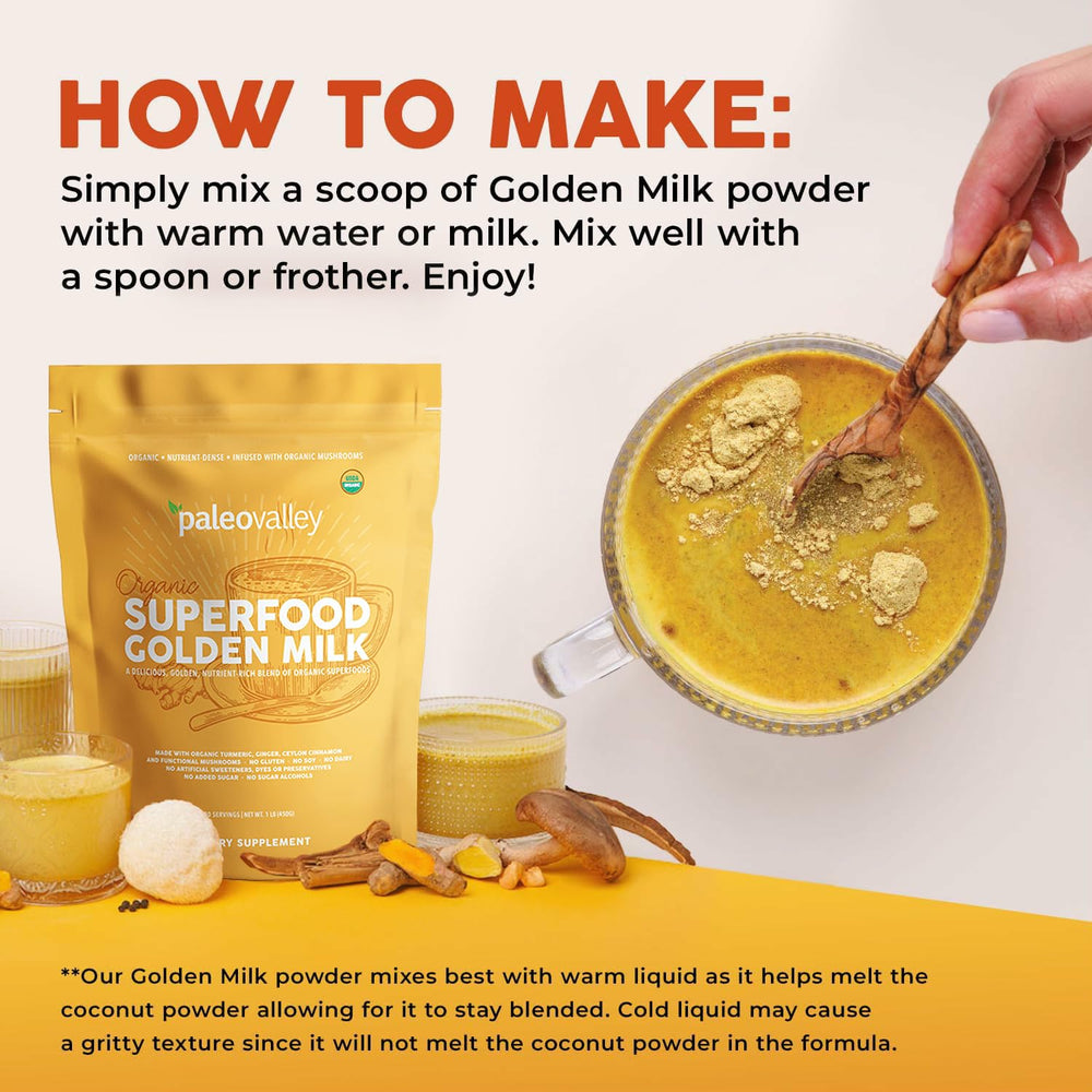 Paleovalley Golden Milk label promotes 10 superfoods for holistic balance.