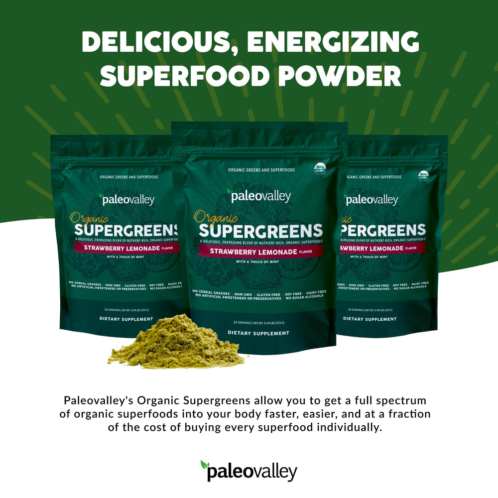 Paleovalley Organic Supergreens being whisked in a glass for a refreshing drink.