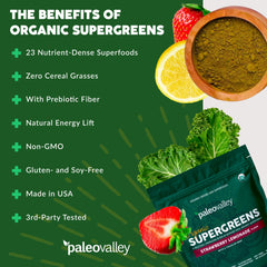 Paleovalley Organic Supergreens close-up of kale and broccoli ingredients.