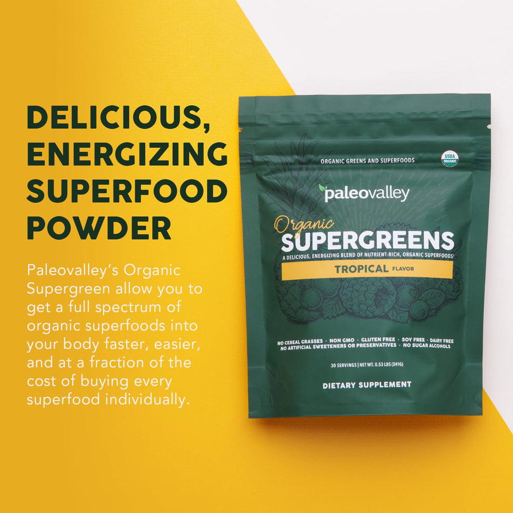 Paleovalley Organic Supergreens no cereal grasses icon highlights gut-friendly formula.