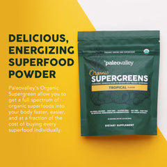 Paleovalley Organic Supergreens no cereal grasses icon highlights gut-friendly formula.