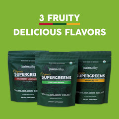 Paleovalley Organic Supergreens pour into glass demonstrates easy daily mix