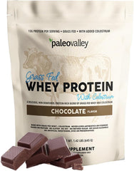 Paleovalley chocolate whey protein tub with grass-fed formula for muscle support.