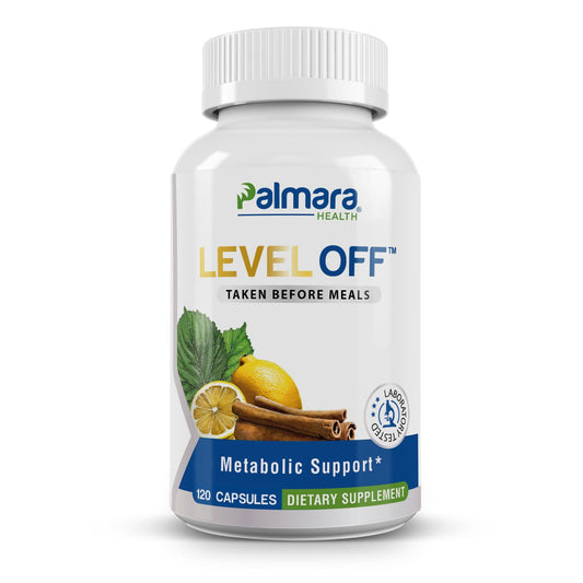 Palmara Health Level Off bottle front promotes metabolic support with a clean vegan formula.